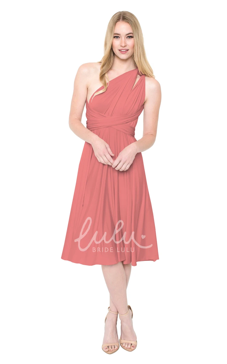 One-Shoulder Ruched Chiffon Bridesmaid Dress Tea-Length Sleeveless Convertible Multi-Color