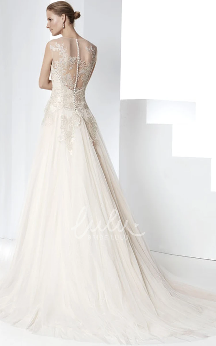 Illusion Bateau Appliqued Tulle Wedding Dress with Court Train Classic Bridal Gown