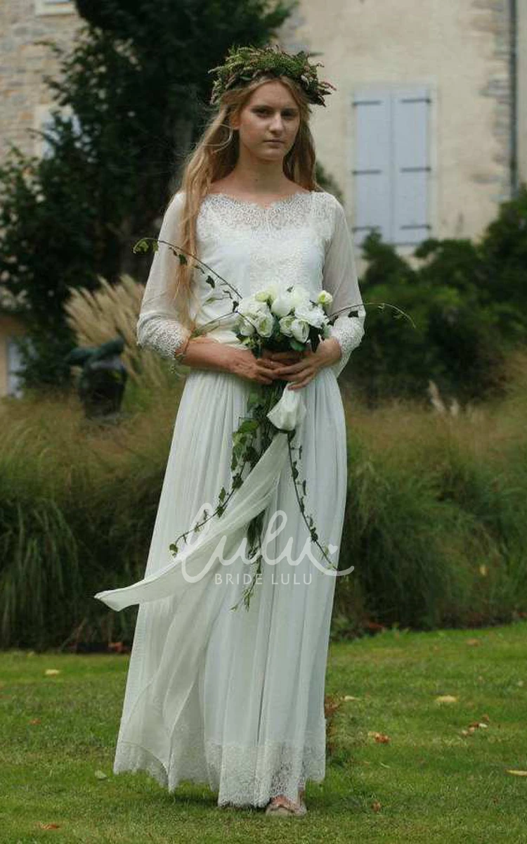 Lace Chiffon Pleated Wedding Dress with Long Sleeves Bateau Bridal Gown