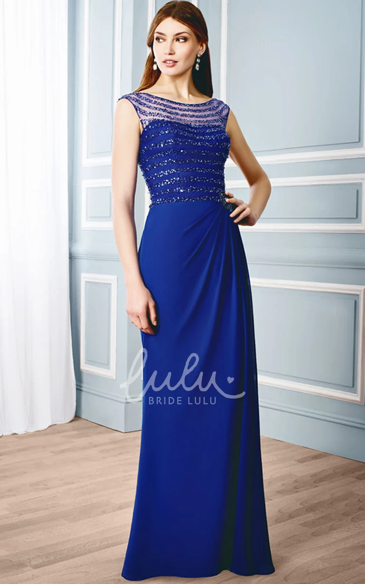 Sheath Chiffon Bateau Formal Dress with Cap Sleeves Beading and Illusion Back