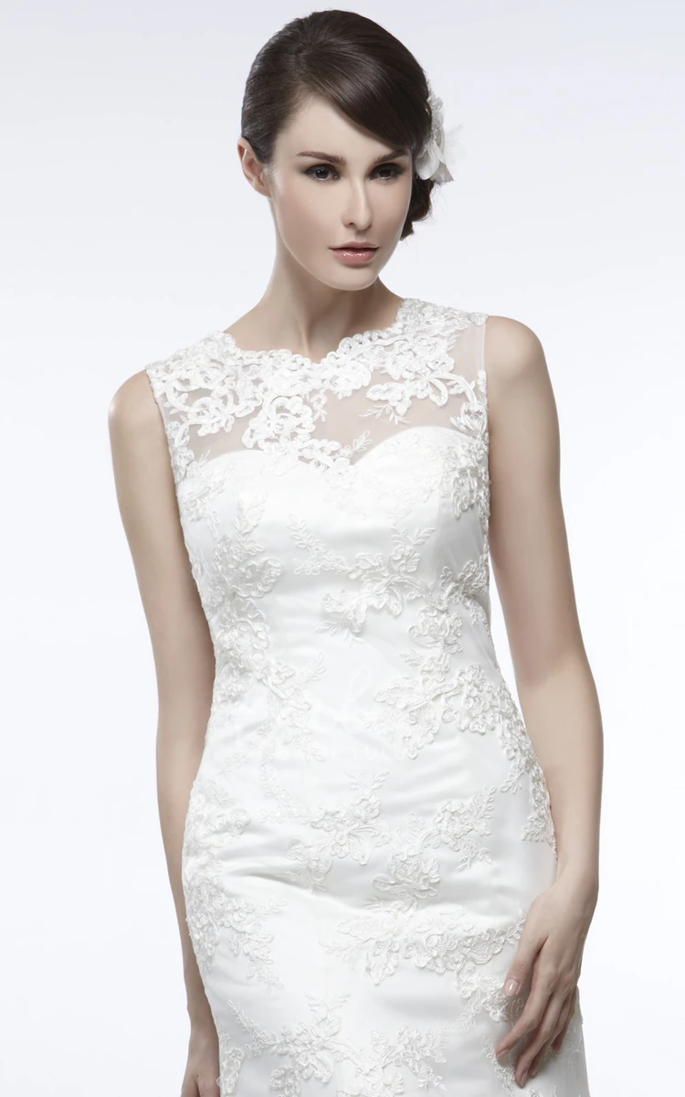 Lace Illusion Back Sheath Wedding Dress with Appliques and Court Train