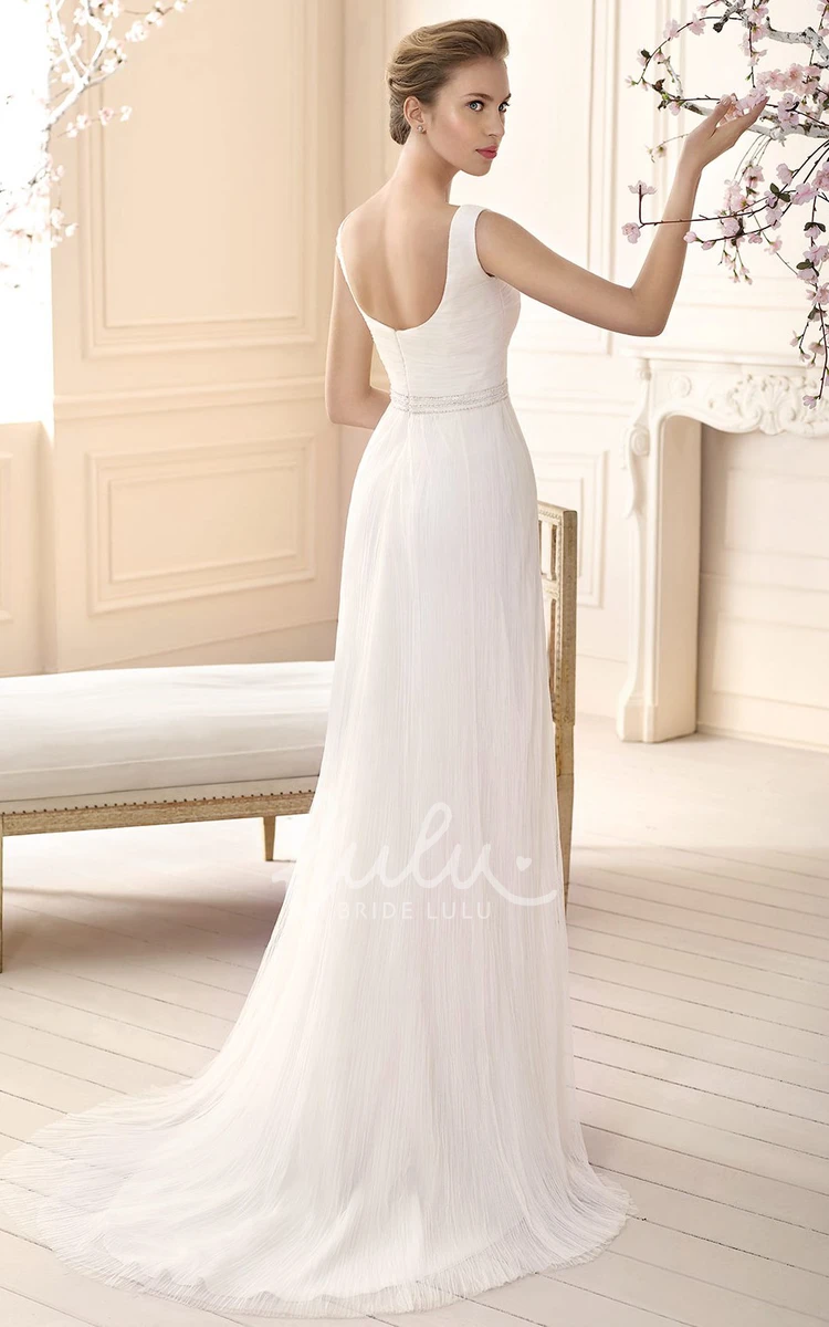 Ruched Square-Neck Sleeveless Tulle Wedding Dress with Jewellery Waist Elegant Sheath Dress