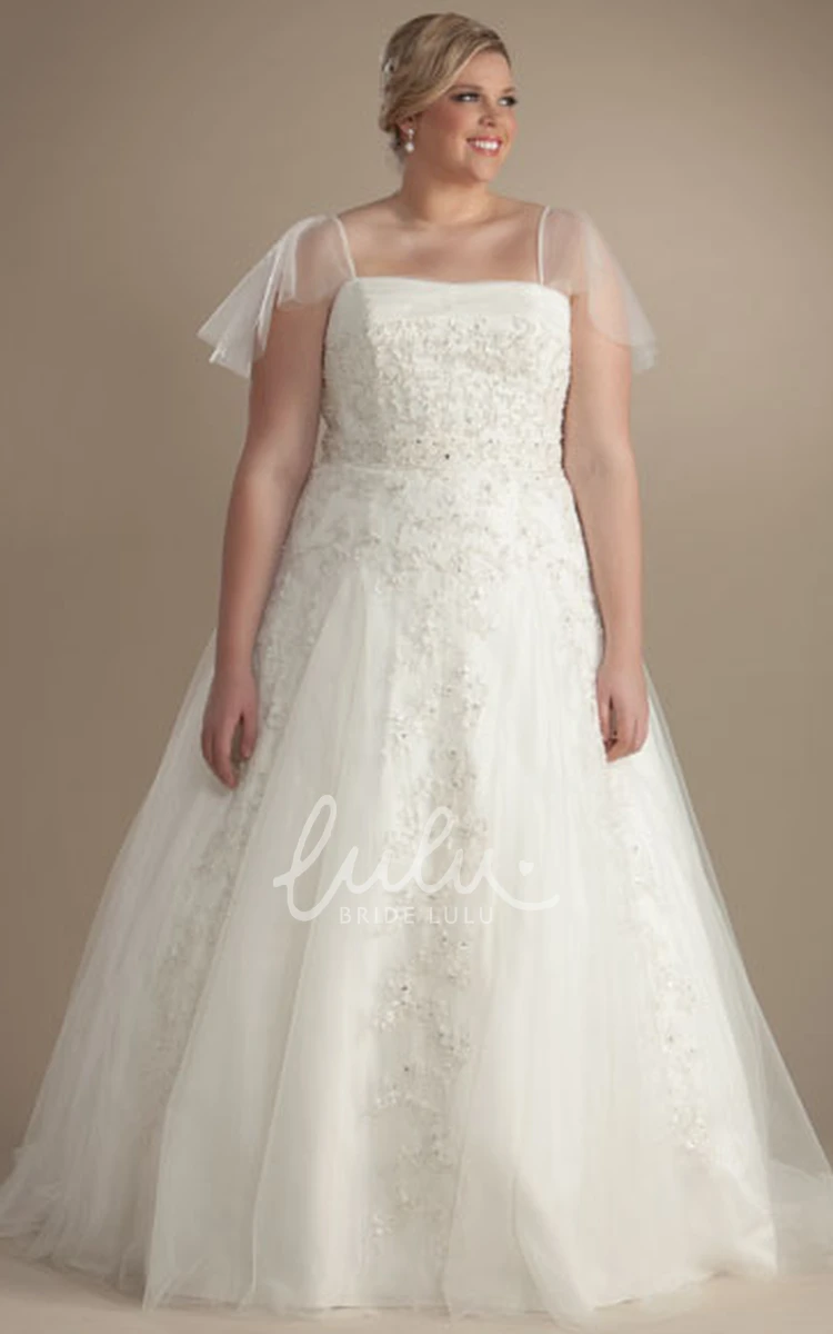 Tulle Appliqued Poet-Sleeve Ball Gown Plus Size Wedding Dress with Beading