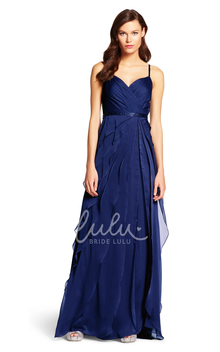 Ruched Spaghetti Chiffon Bridesmaid Dress with Waist Jewelry A-Line Style