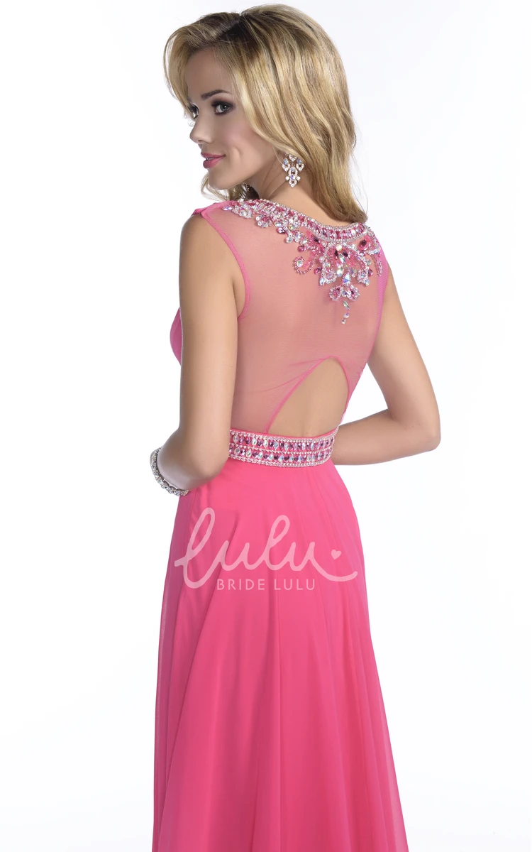 Jeweled Waist Chiffon A-Line Prom Dress with Keyhole Back Unique