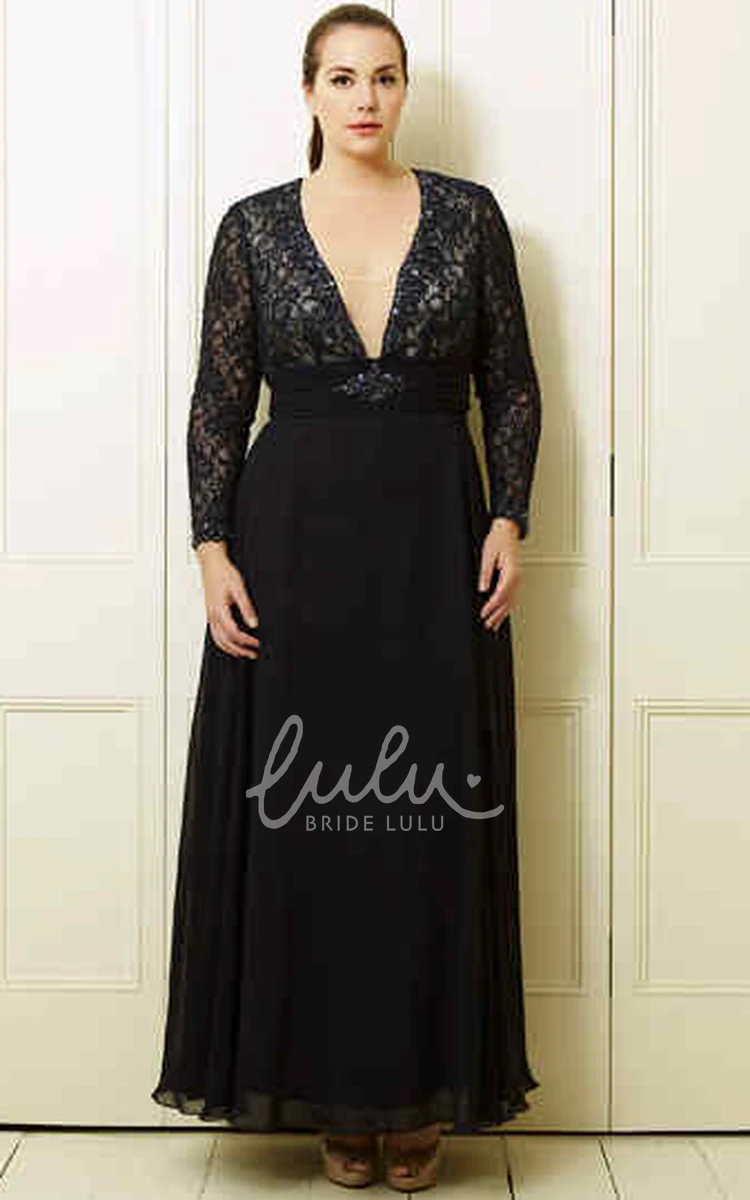 Plus Size Lace&Chiffon Prom Dress with A-Line V-Neck and Long-Sleeves