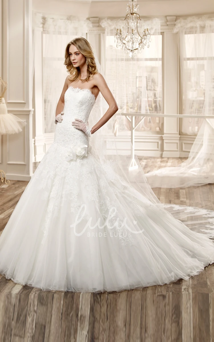 Long Pleated Wedding Dress with Strapless Bodice and Back Bow Chic Bridal Gown