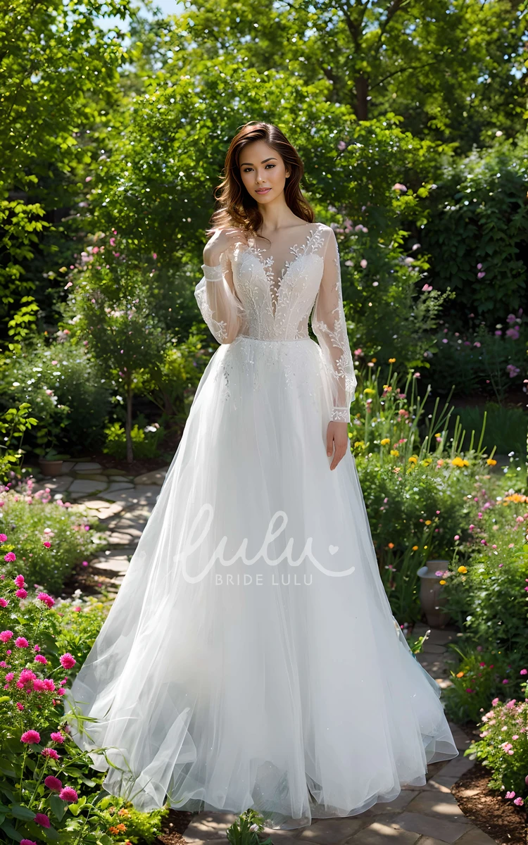 Modest A-line Lace Wedding Dress Elegant Long Sleeve Bateau Plunge Train Gown