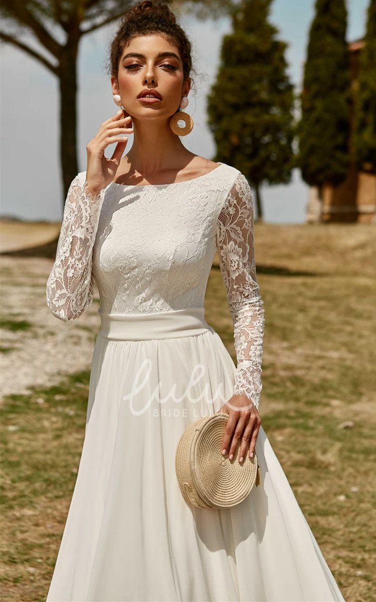 Romantic Lace Chiffon A-Line Wedding Dress with Bateau Neckline and Sash