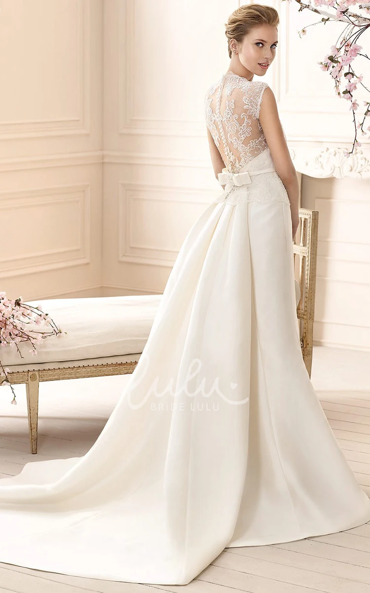 High-Neck Sleeveless Sheath Satin Wedding Dress with Long Lace Modern Wedding Dress