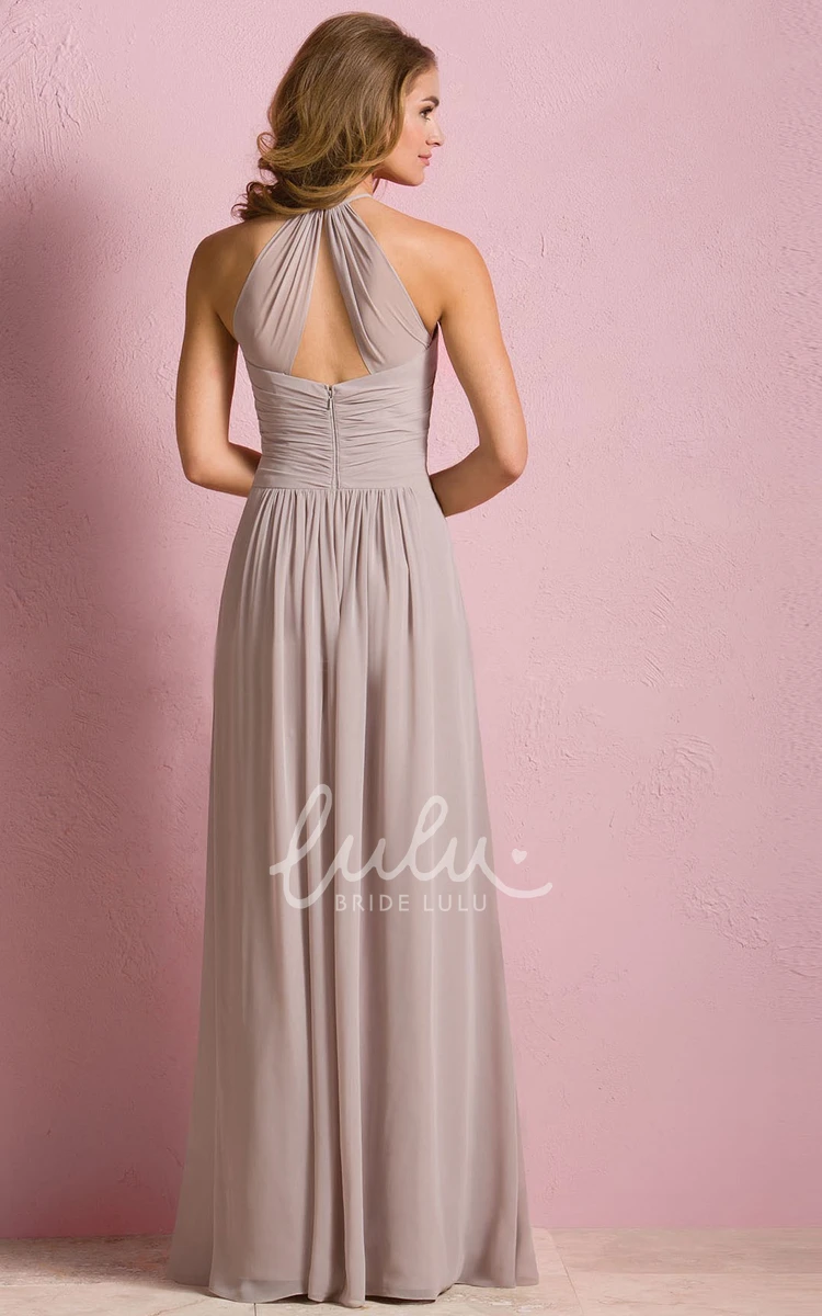 Long Pleated Bridesmaid Dress with High-Neck and Keyhole Back