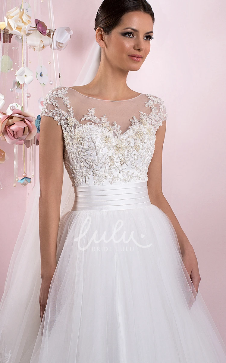Cap Sleeve Appliqued Tulle Wedding Dress with Scoop Neck Ball Gown Style