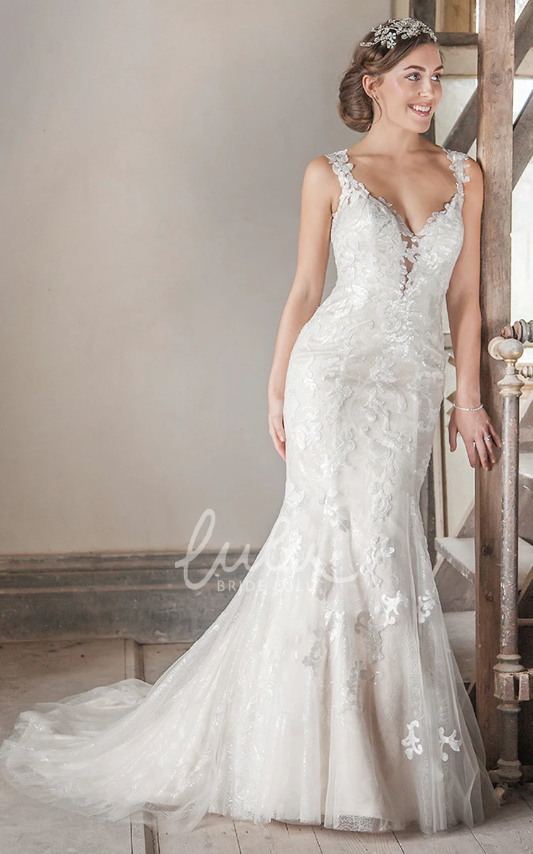 Appliqued Tulle & Lace Wedding Dress with Court Train and Illusion Straps Floor-Length Bridal Gown