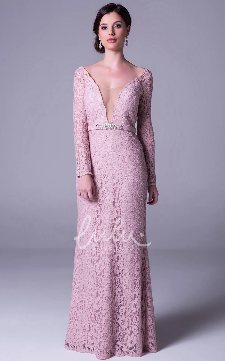 Long-Sleeve Jeweled Lace Prom Dress with Deep-V Back Modern Sheath Prom Dress