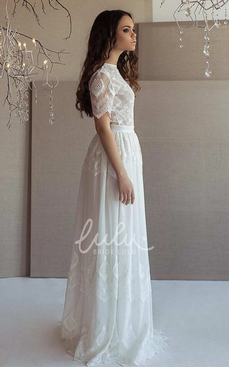 Illusion Chiffon Lace Wedding Dress with High Neck and Half Sleeves