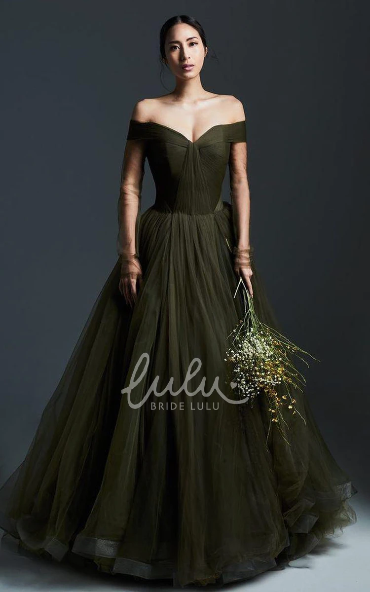 Off-the-Shoulder Tulle A-Line Formal Formal Dress with Ruching Modern & Long Sleeve