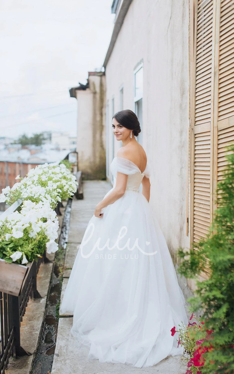 Floor-Length Tulle Ball Gown with Off-Shoulder Design Wedding Dress