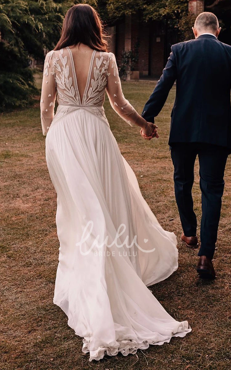 Chiffon Plunging Neckline Wedding Dress with Appliques Romantic & Open Back A-Line