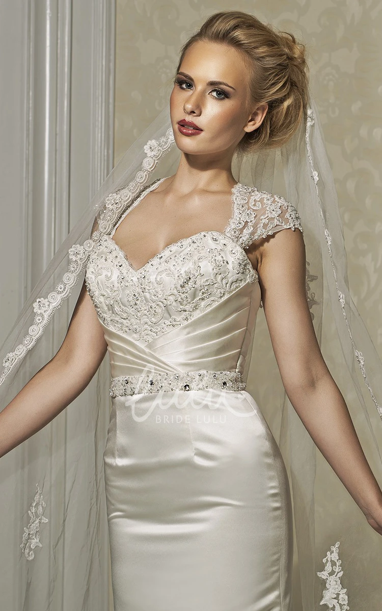 Satin Sheath Wedding Dress with Lace and Jeweled Cap Sleeves Classy Bridal Gown