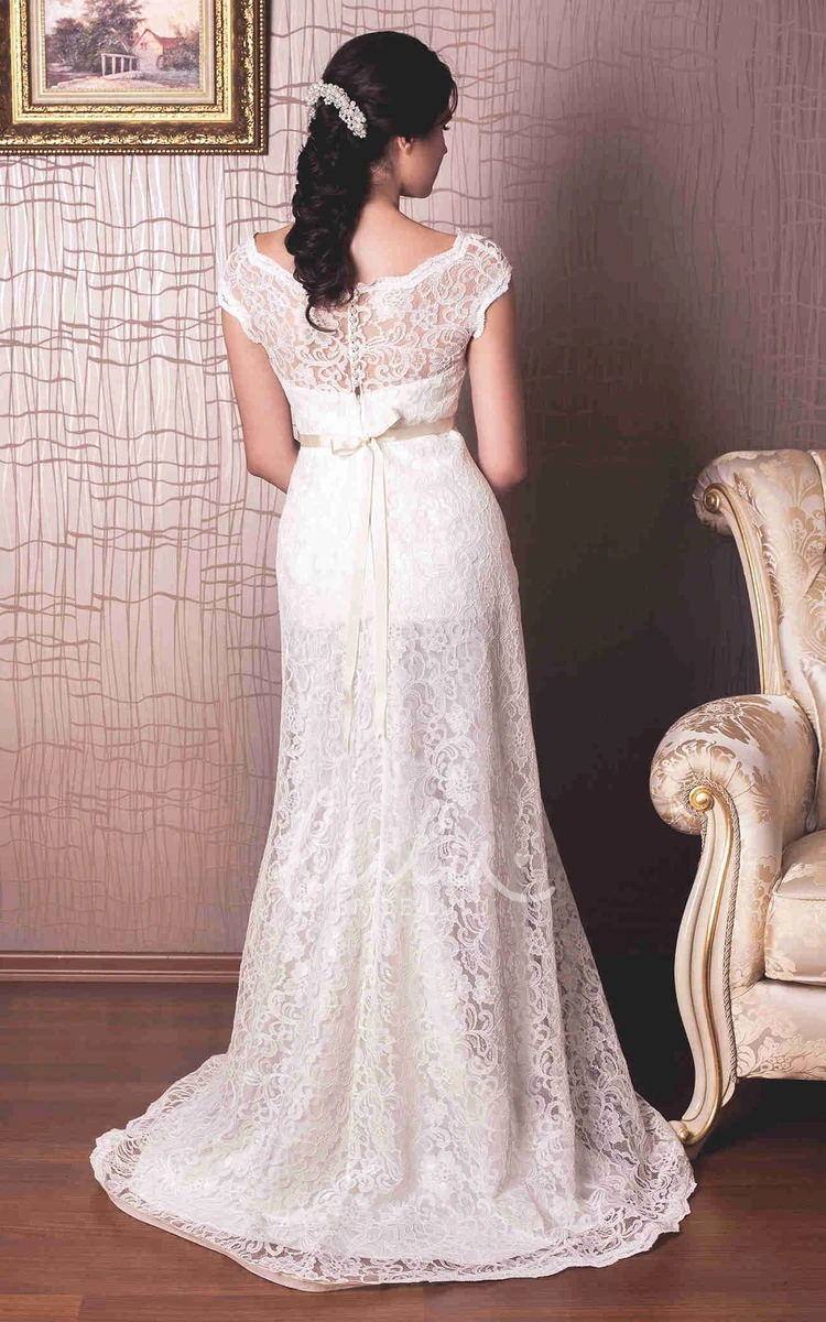 Lace Cap-Sleeve Wedding Dress with Waist Jewellery Sheath Style