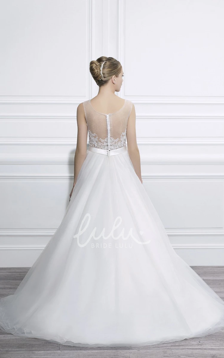 Sleeveless Appliqued Tulle Wedding Dress with Illusion Back and Waist Jewelry Ball Gown Style