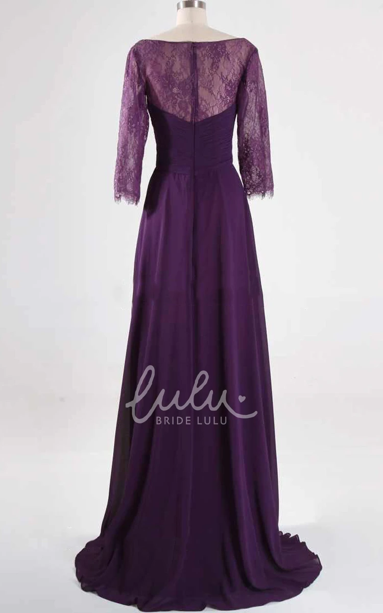 Lace Sweep Train A-line Formal Dress with 3/4 Sleeves