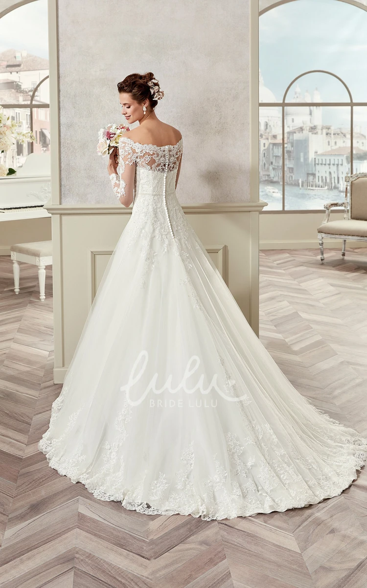 Off-Shoulder A-Line Wedding Dress with Illusive Design and Brush Train