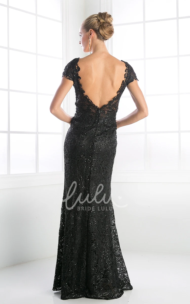 Ankle-Length Lace Sheath Dress with Deep-V Back and Beading Formal Dress