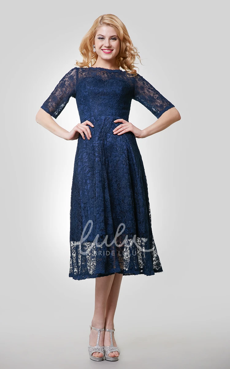 Lace Tea Length Dress With Jewel Neckline Half Sleeve