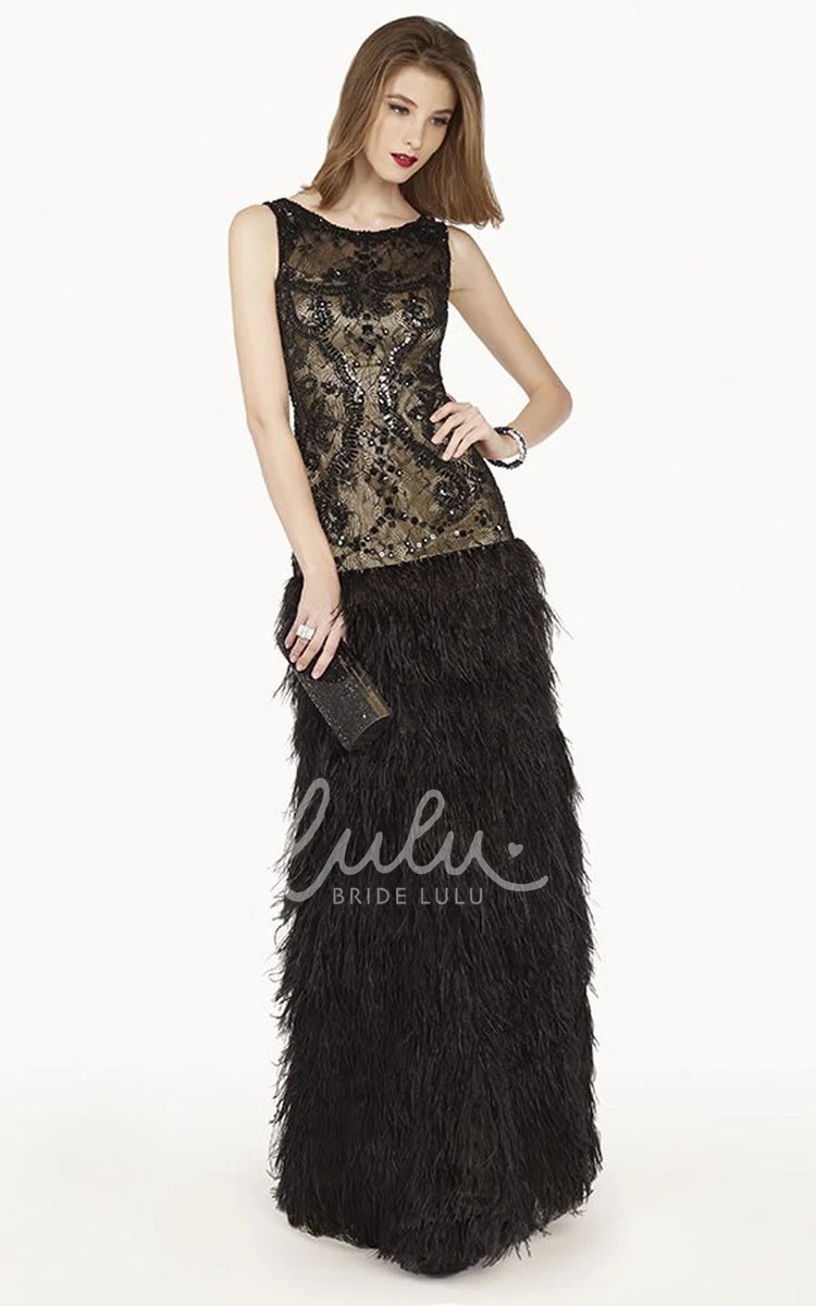 Drop Waist Crystal Feather Lace Long Prom Dress with Scoop Neckline