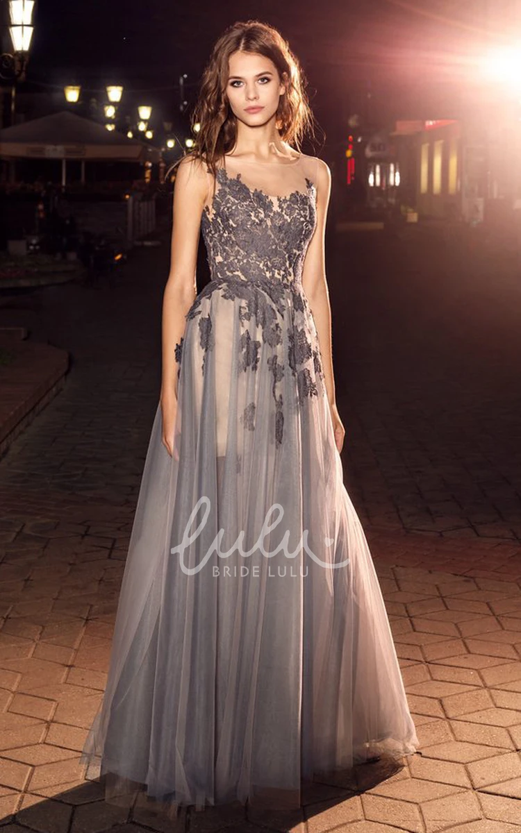 Maxi Tulle Dress with Appliques Pleats and Low-V Back for Prom or Formal Event