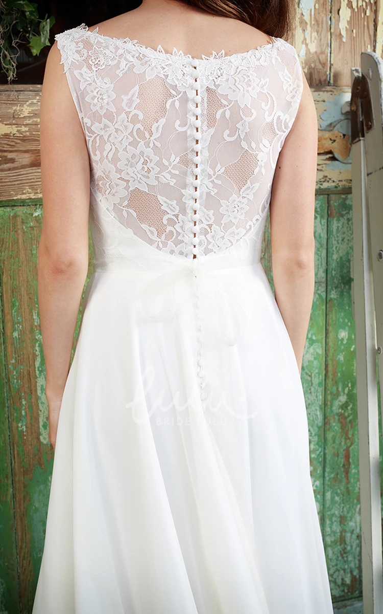 Sleeveless Chiffon Sheath Wedding Dress with Appliques and Illusion Elegant Bridal Gown