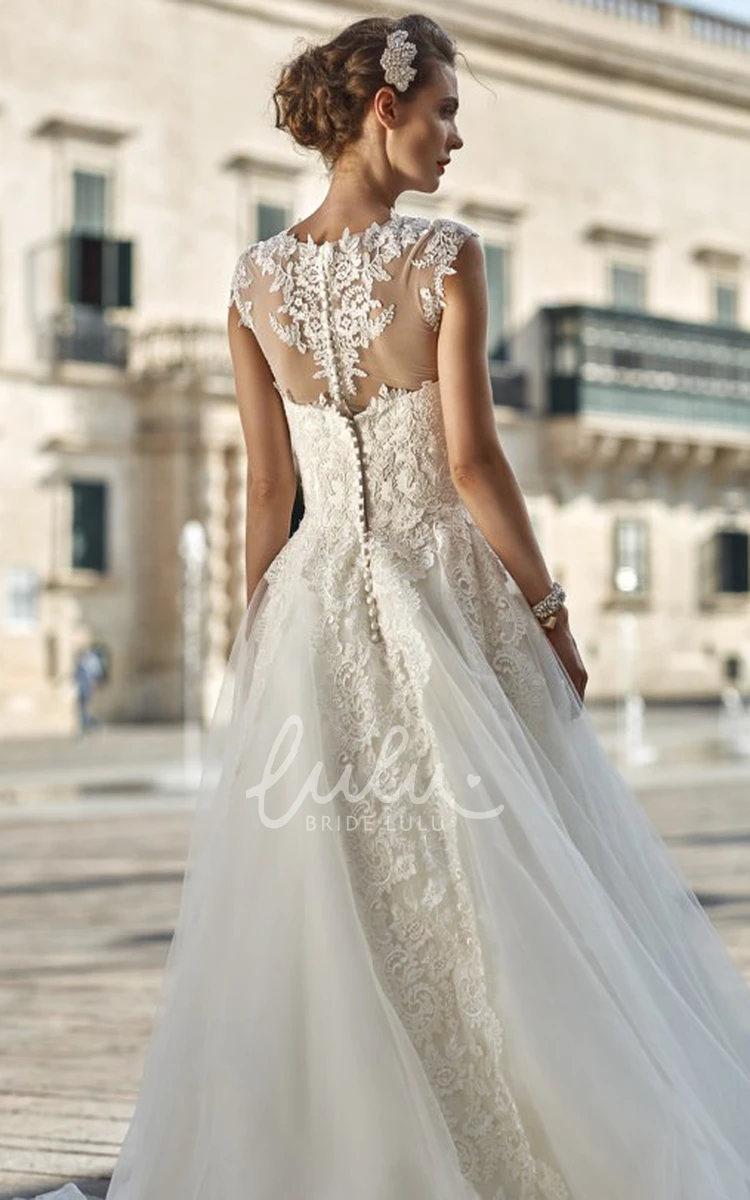 Cap-Sleeve Lace and Tulle A-Line Wedding Dress with High Neck and Pleats