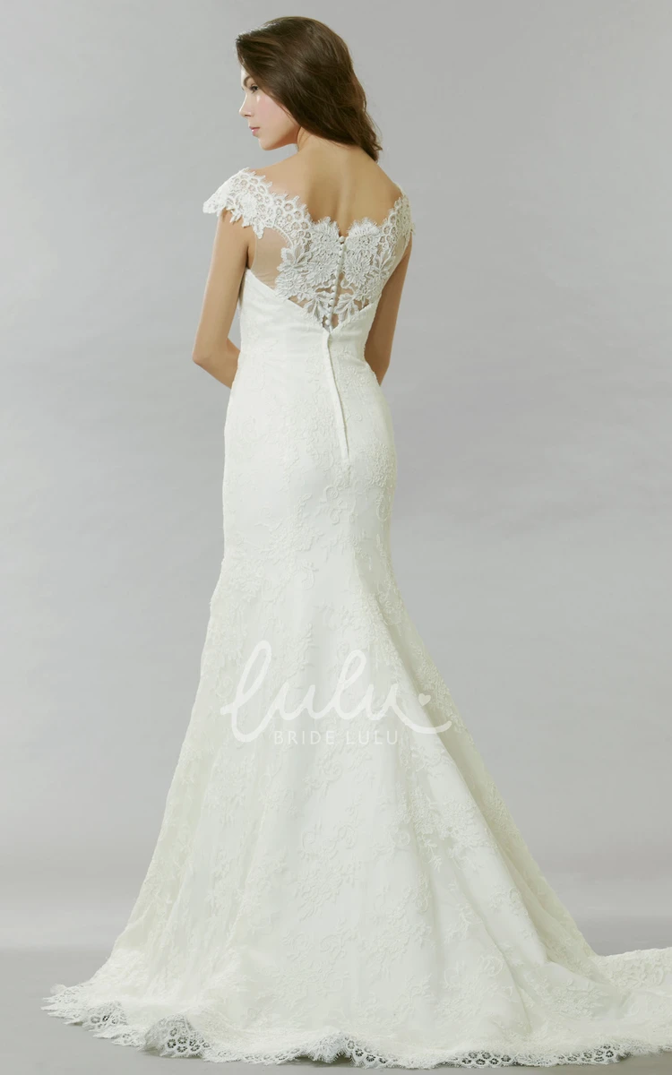 Lace Appliqued Cap Sleeve Wedding Dress with Court Train Elegant Bridal Gown