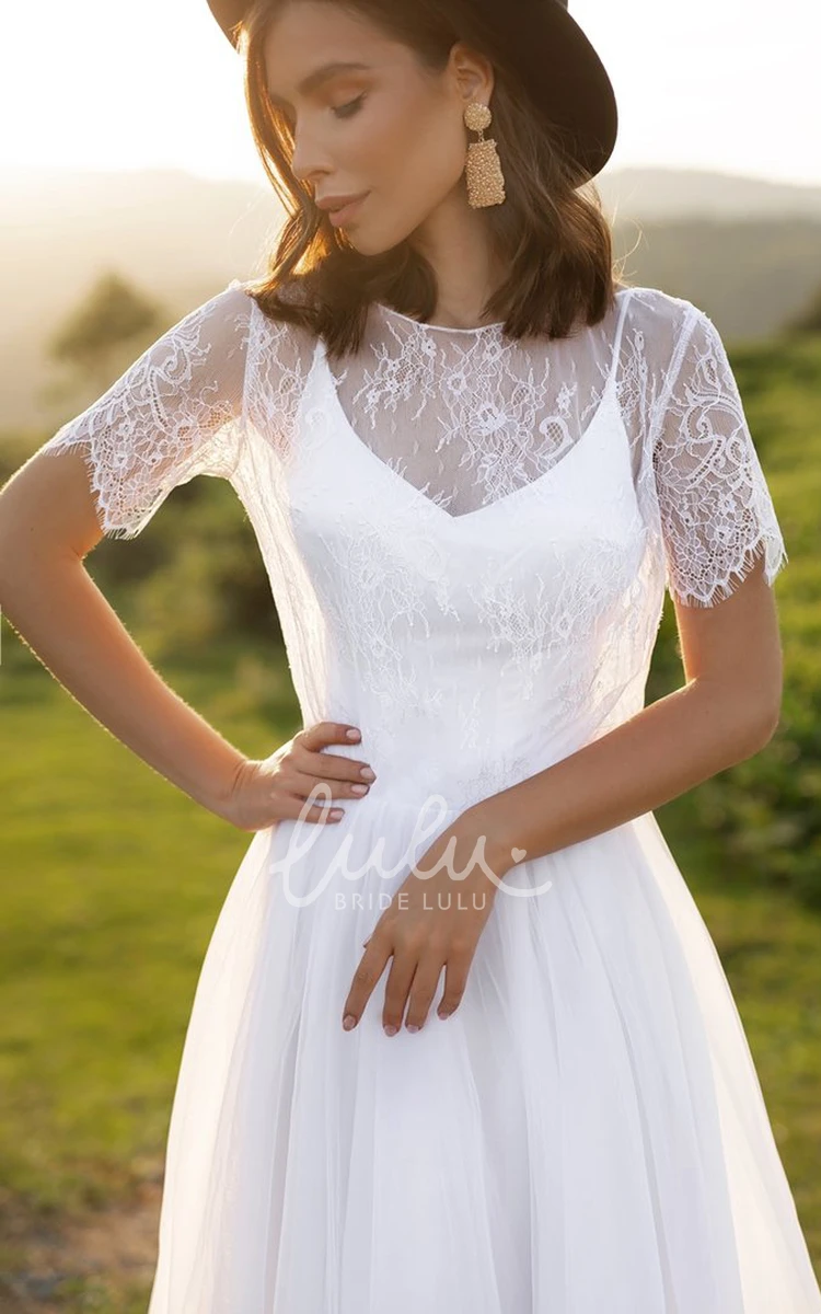 Elegant A-Line Lace Tulle Wedding Dress Short Sleeve Open Back