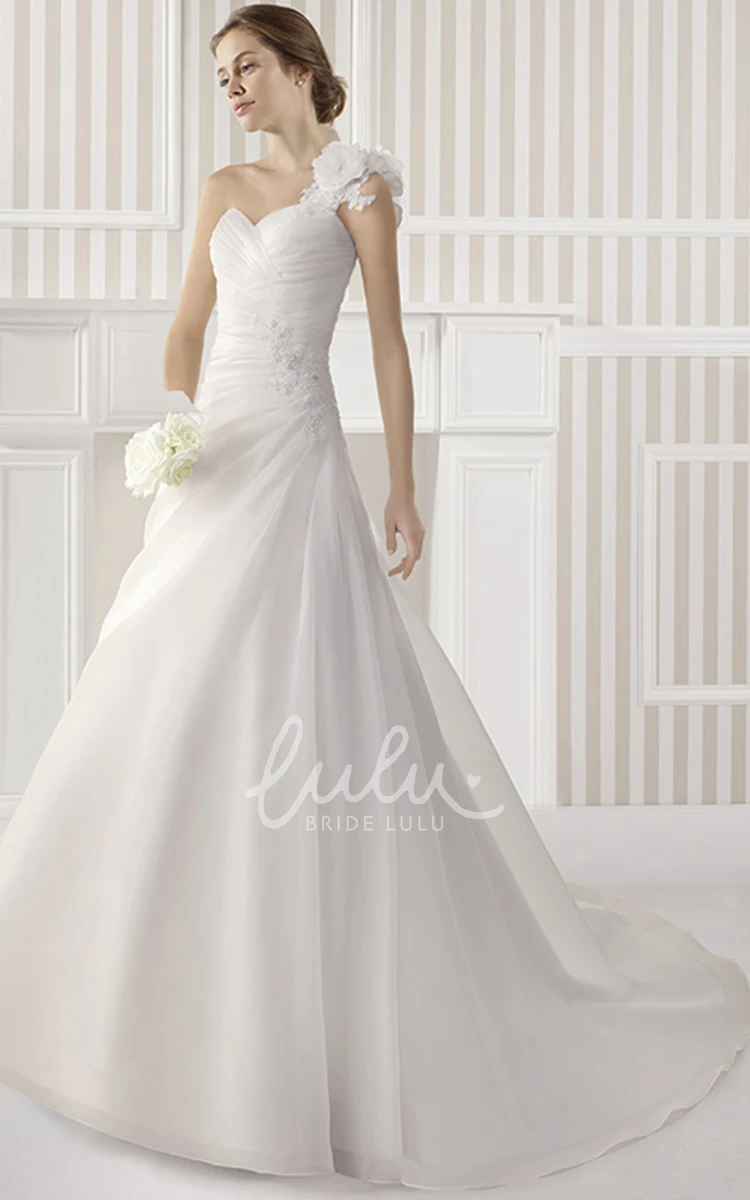 Floral Chiffon One-Shoulder Wedding Dress with Corset Back and Sweep Train