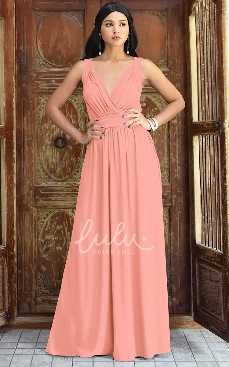 Chiffon V-neck A-line Bridesmaid Dress with Ruching Casual Floor-length