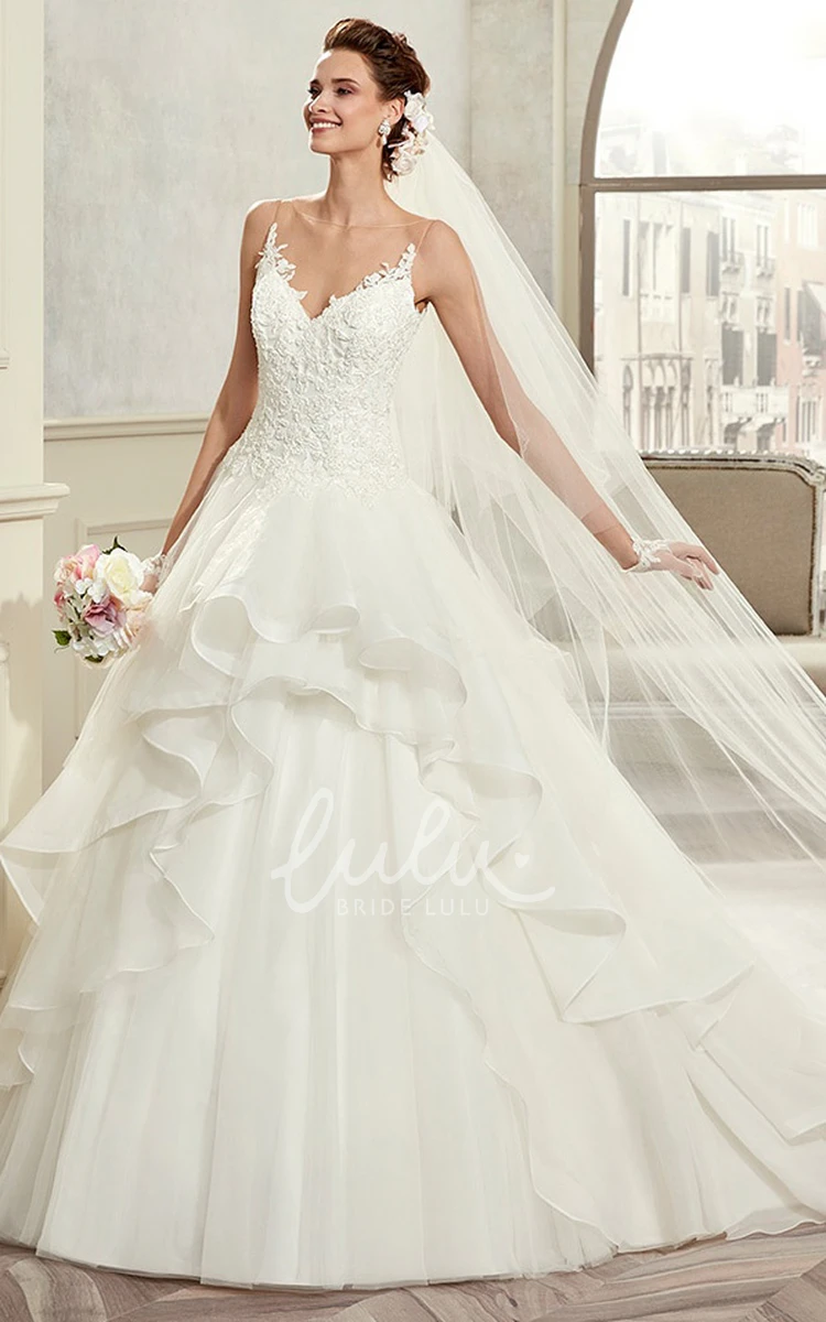 A-Line Wedding Dress with Sweetheart Neckline Spaghetti Straps Ruffles and Lace Bodice Romantic Bridal Gown