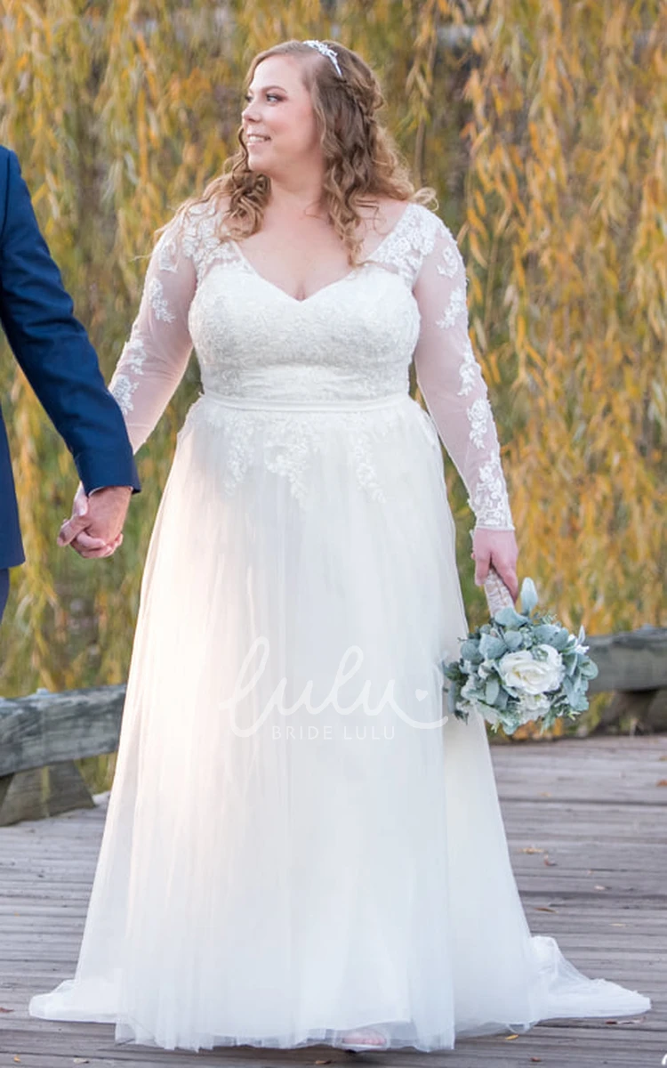 Plus Size Elegant Deep-V Back Lace Petal Sweep Train Garden Wedding Dress