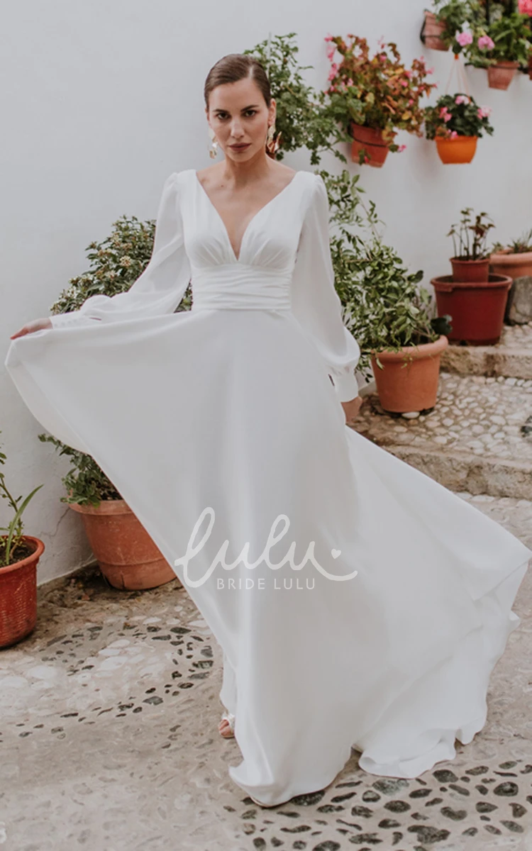 Romantic Wedding Dress with Button Back and Ruching V-neck A-Line Chiffon