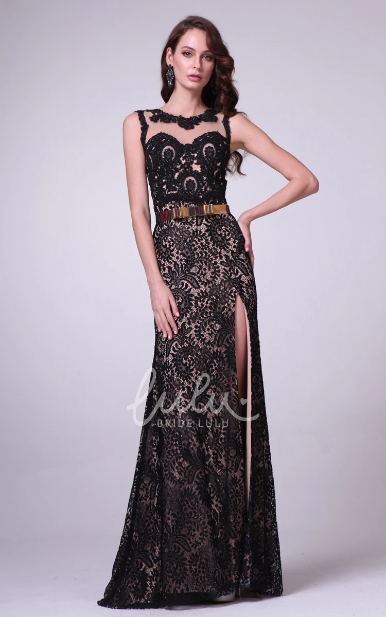 Jewel-Neck Lace Illusion Sheath Dress with Split Front for Prom