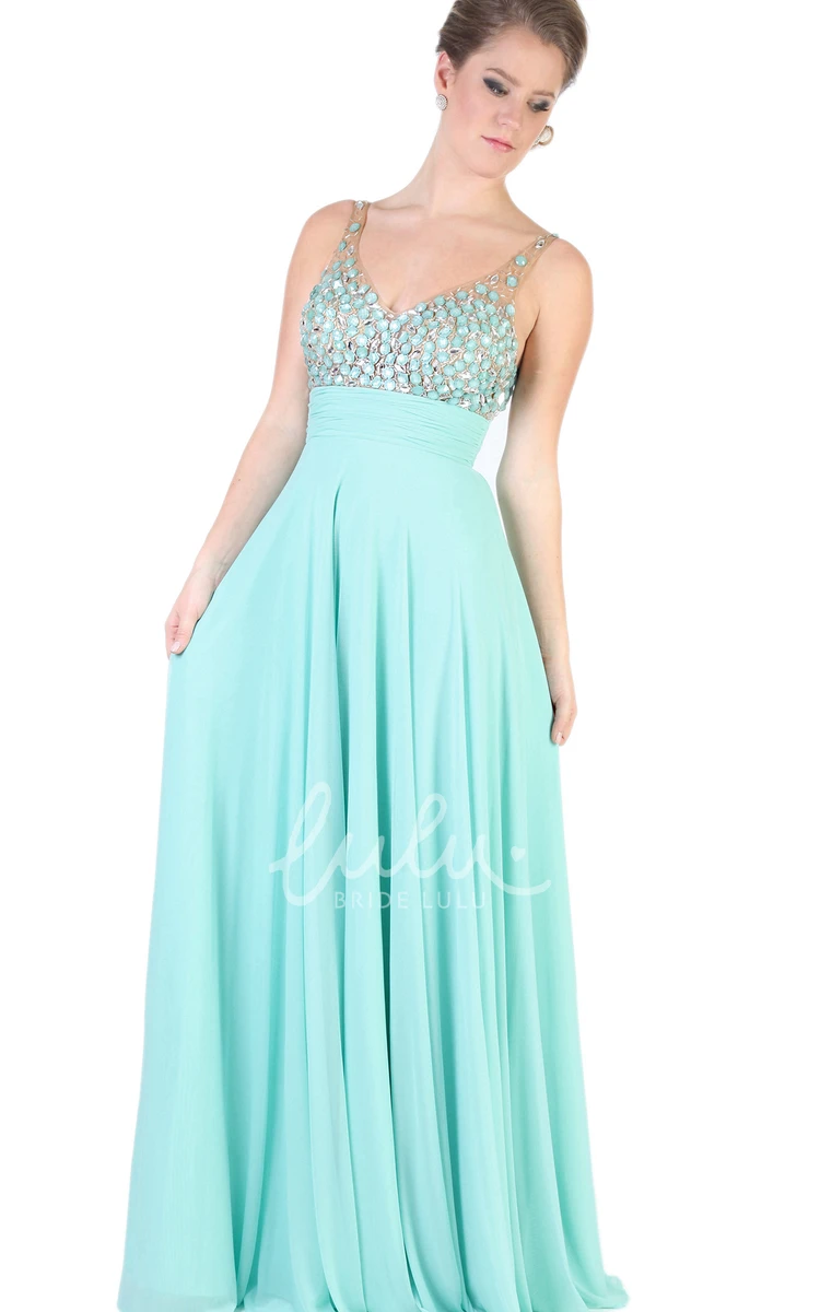 Crystal V-Neck Sleeveless A-Line Evening Dress with Pleats