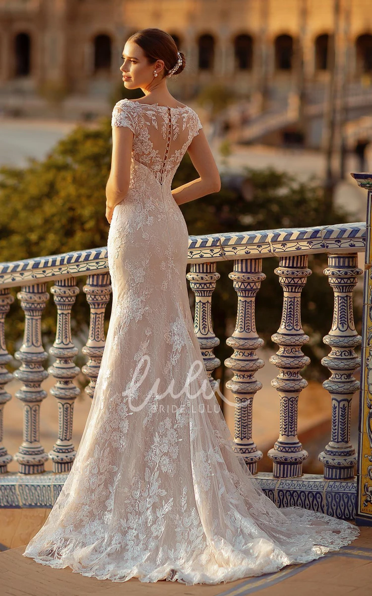 Elegant Lace V-neck Mermaid Short Sleeve Floor-length Wedding Dress With Zipper