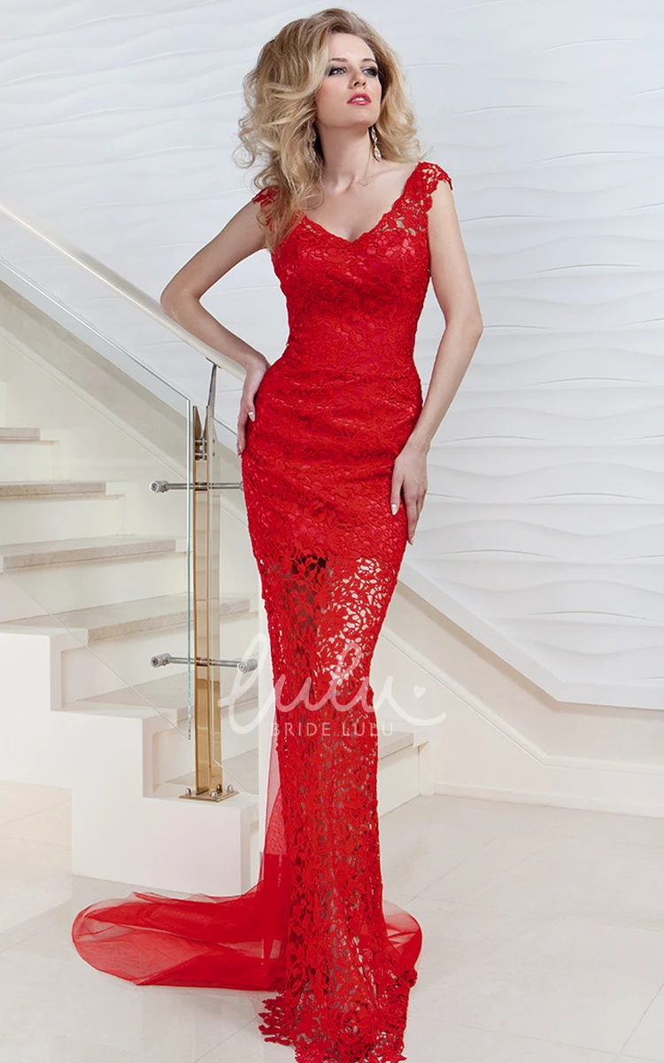 Lace Pencil Prom Dress with Cap-Sleeves V-Neck Keyhole Back and Watteau Train