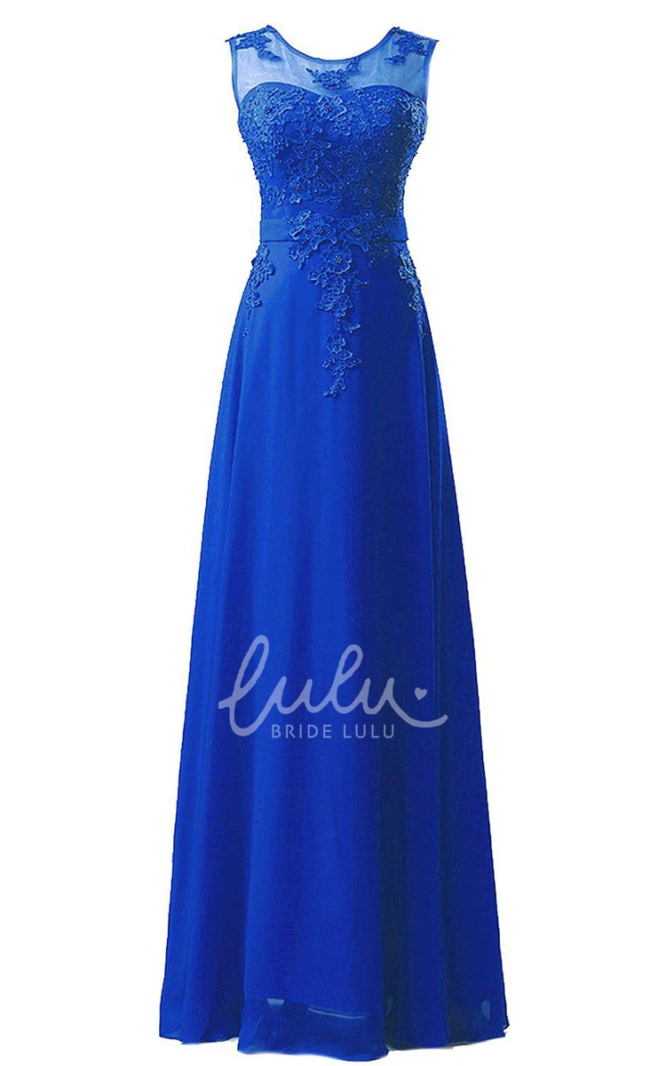 Sleeveless Chiffon Formal Dress with Lace Applique and Flowy Skirt