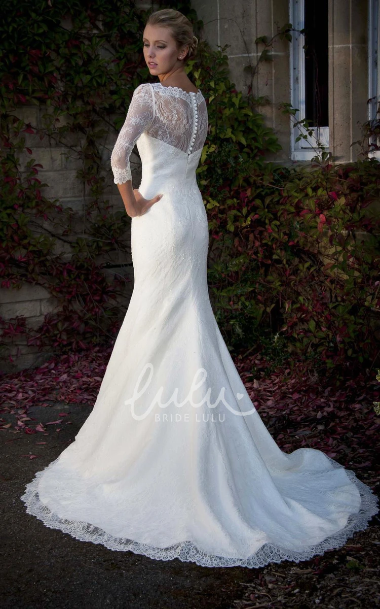 V-Neck Lace Mermaid Wedding Dress Illusion 3-4-Sleeve