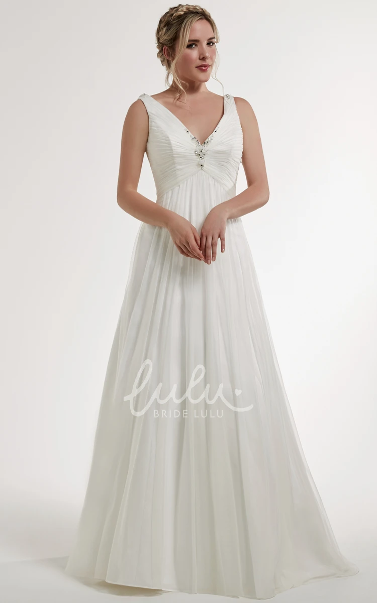 Beaded A-Line Sleeveless V-Neck Wedding Dress with Ruching Modern Wedding Dress