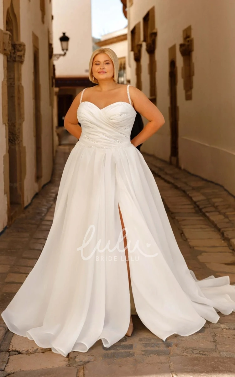 Plus Size Adorable Spaghetti Straps Charming Front Split with Sequins Wedding Dress