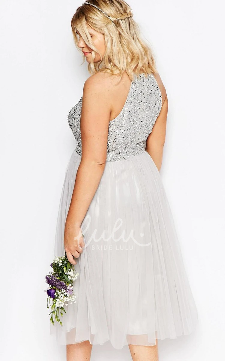 Sleeveless Sequined A-Line Tulle Bridesmaid Dress with Pleats Tea-Length