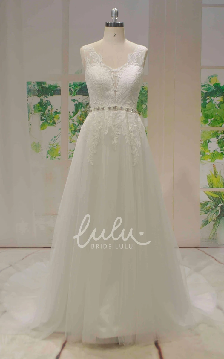 Tulle A-line Beaded Wedding Dress with V-back and Lace Elegant Bridal Gown